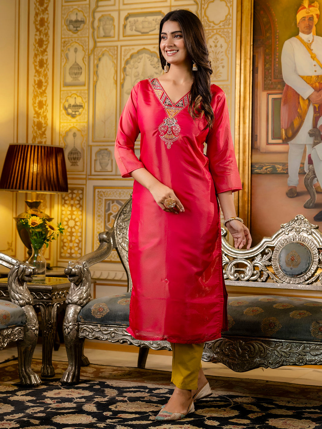 Women Embroidered shimmer Silk Blend Straight Kurta - FitVibe Fashion