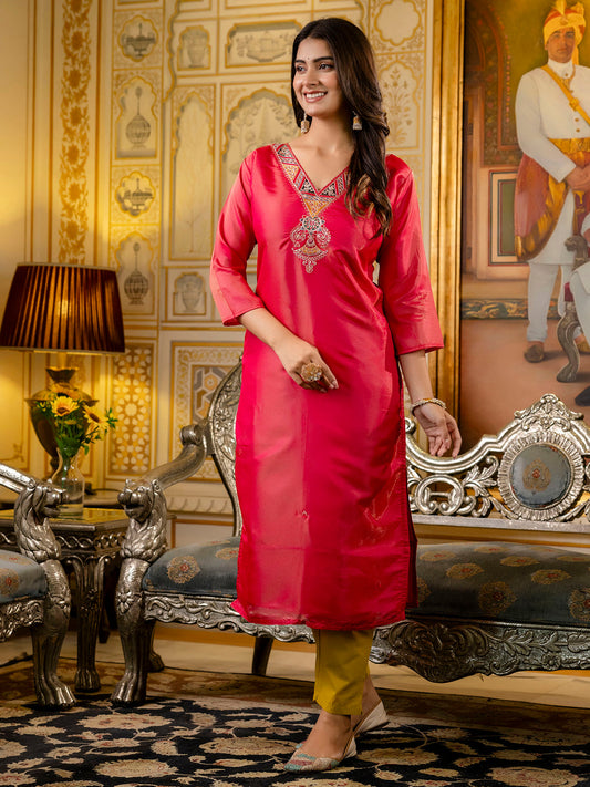 Women Embroidered shimmer Silk Blend Straight Kurta - FitVibe Fashion