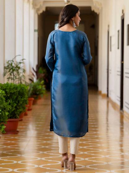 Women Embroidered shimmer Silk Blend Straight Kurta - FitVibe Fashion