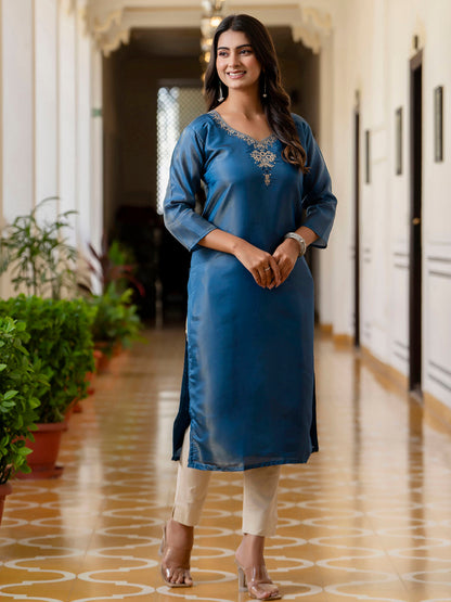 Women Embroidered shimmer Silk Blend Straight Kurta - FitVibe Fashion