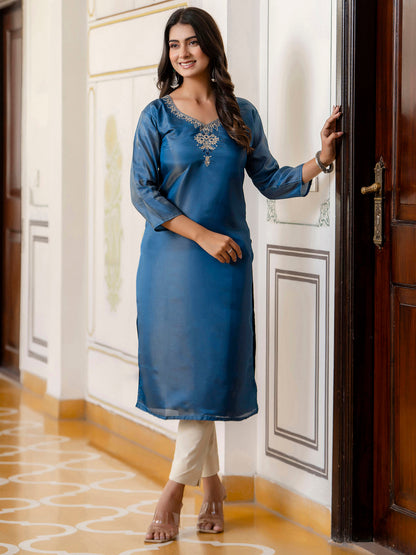 Women Embroidered shimmer Silk Blend Straight Kurta - FitVibe Fashion