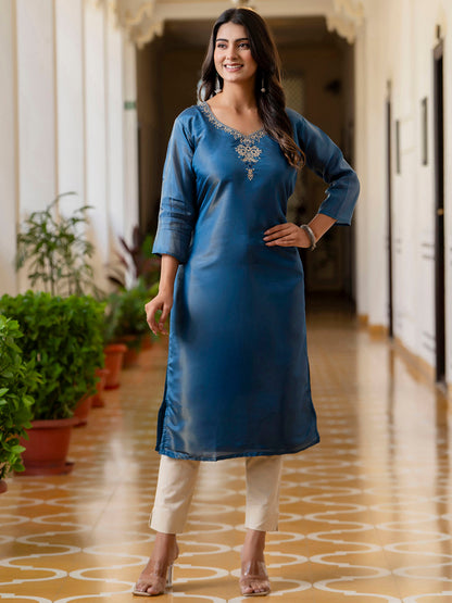 Women Embroidered shimmer Silk Blend Straight Kurta - FitVibe Fashion
