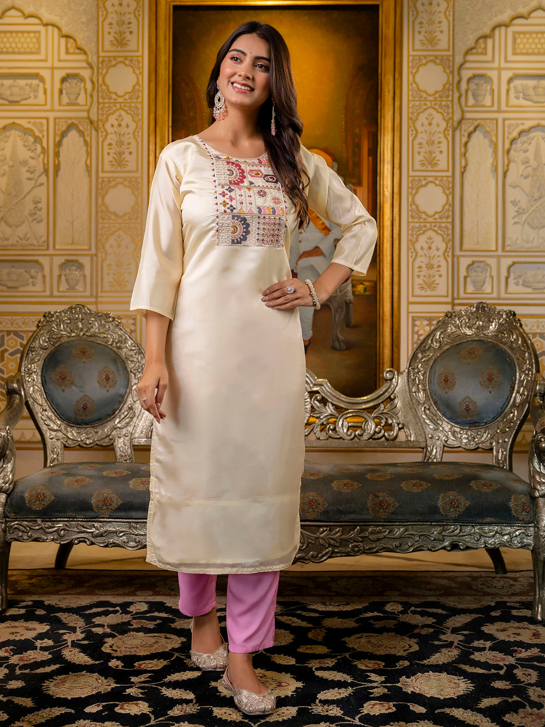 Women Embroidered shimmer Silk Blend Straight Kurta - FitVibe Fashion
