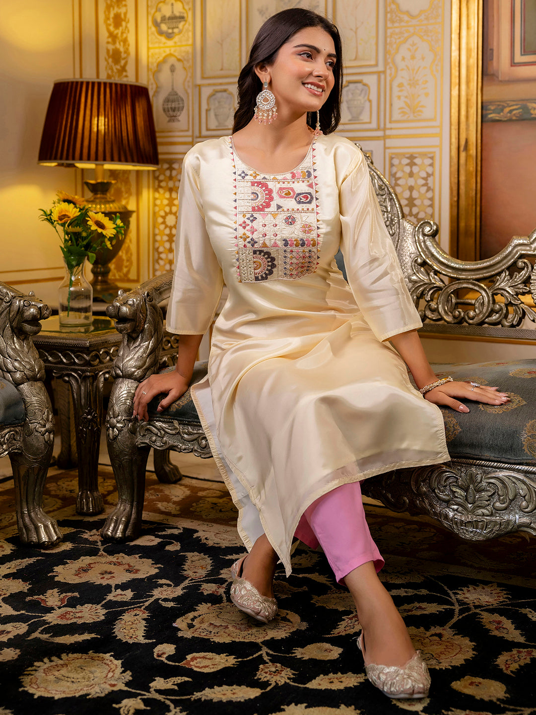 Women Embroidered shimmer Silk Blend Straight Kurta - FitVibe Fashion