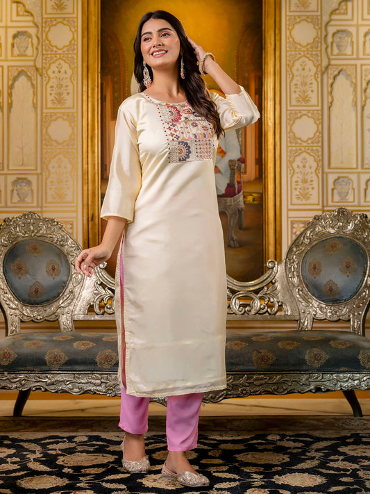 Women Embroidered shimmer Silk Blend Straight Kurta - FitVibe Fashion