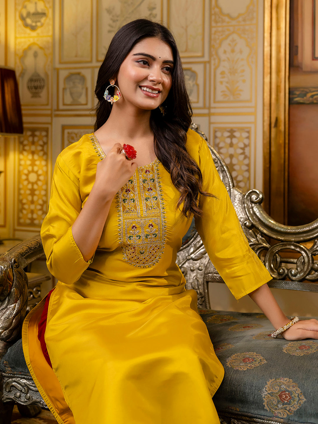 Women Embroidered shimmer Silk Blend Straight Kurta - FitVibe Fashion