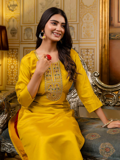 Women Embroidered shimmer Silk Blend Straight Kurta - FitVibe Fashion