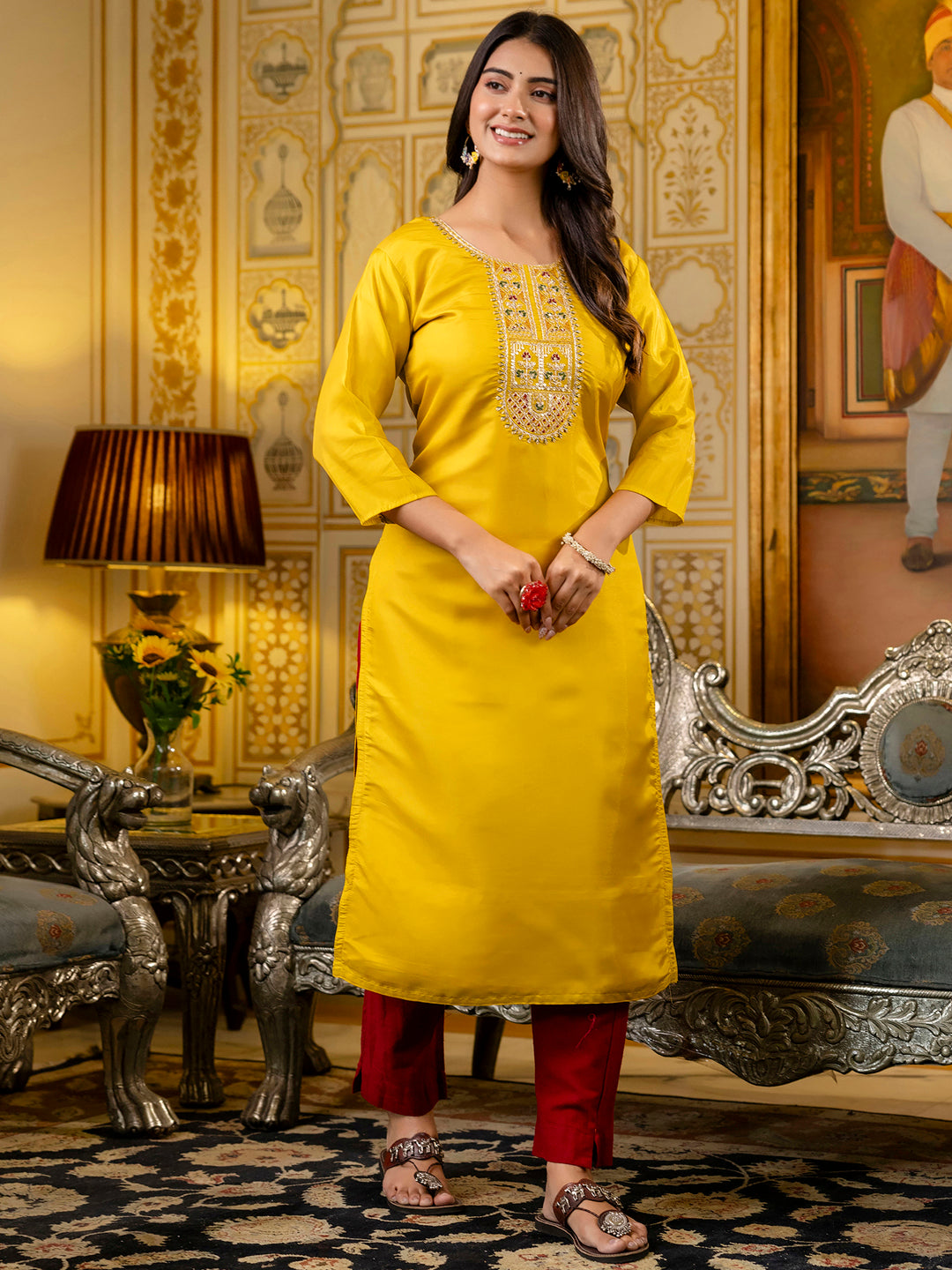 Women Embroidered shimmer Silk Blend Straight Kurta - FitVibe Fashion