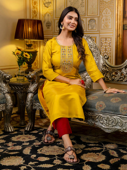 Women Embroidered shimmer Silk Blend Straight Kurta - FitVibe Fashion