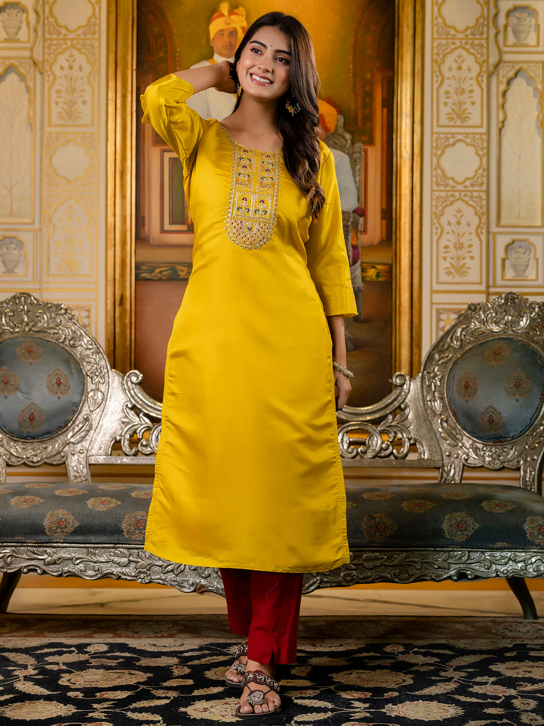 Women Embroidered shimmer Silk Blend Straight Kurta - FitVibe Fashion