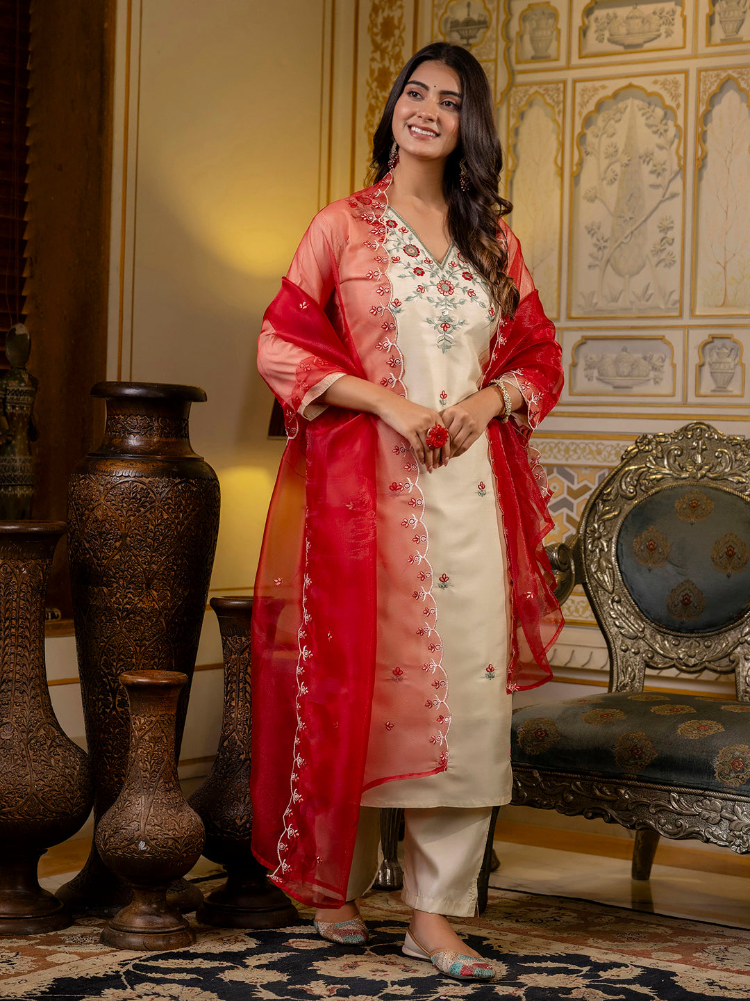 Embroidered Silk Blend Calf Length Straight Kurta Set with Organza Dupatta - FitVibe Fashion