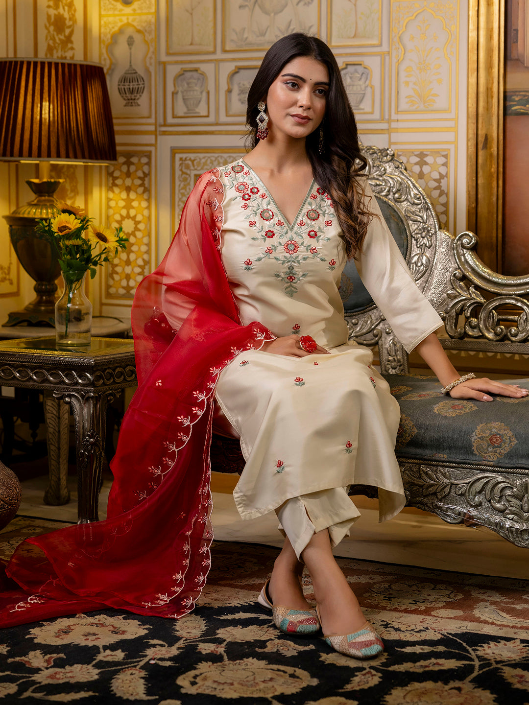 Embroidered Silk Blend Calf Length Straight Kurta Set with Organza Dupatta - FitVibe Fashion