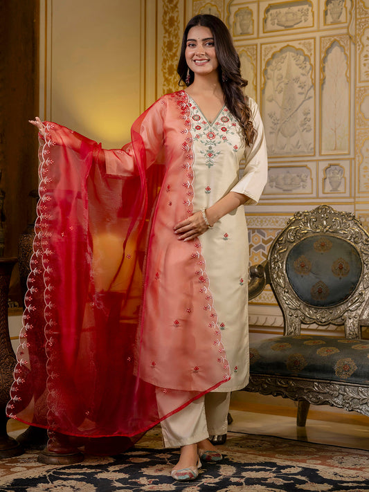 Embroidered Silk Blend Calf Length Straight Kurta Set with Organza Dupatta - FitVibe Fashion
