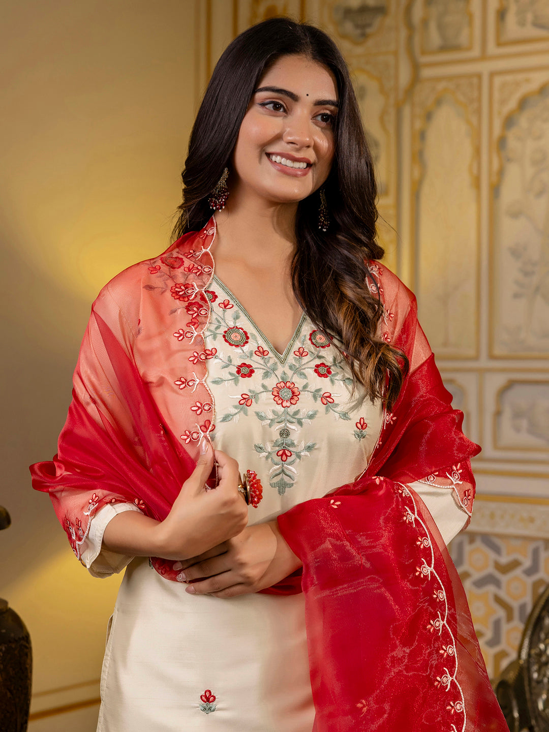 Embroidered Silk Blend Calf Length Straight Kurta Set with Organza Dupatta - FitVibe Fashion