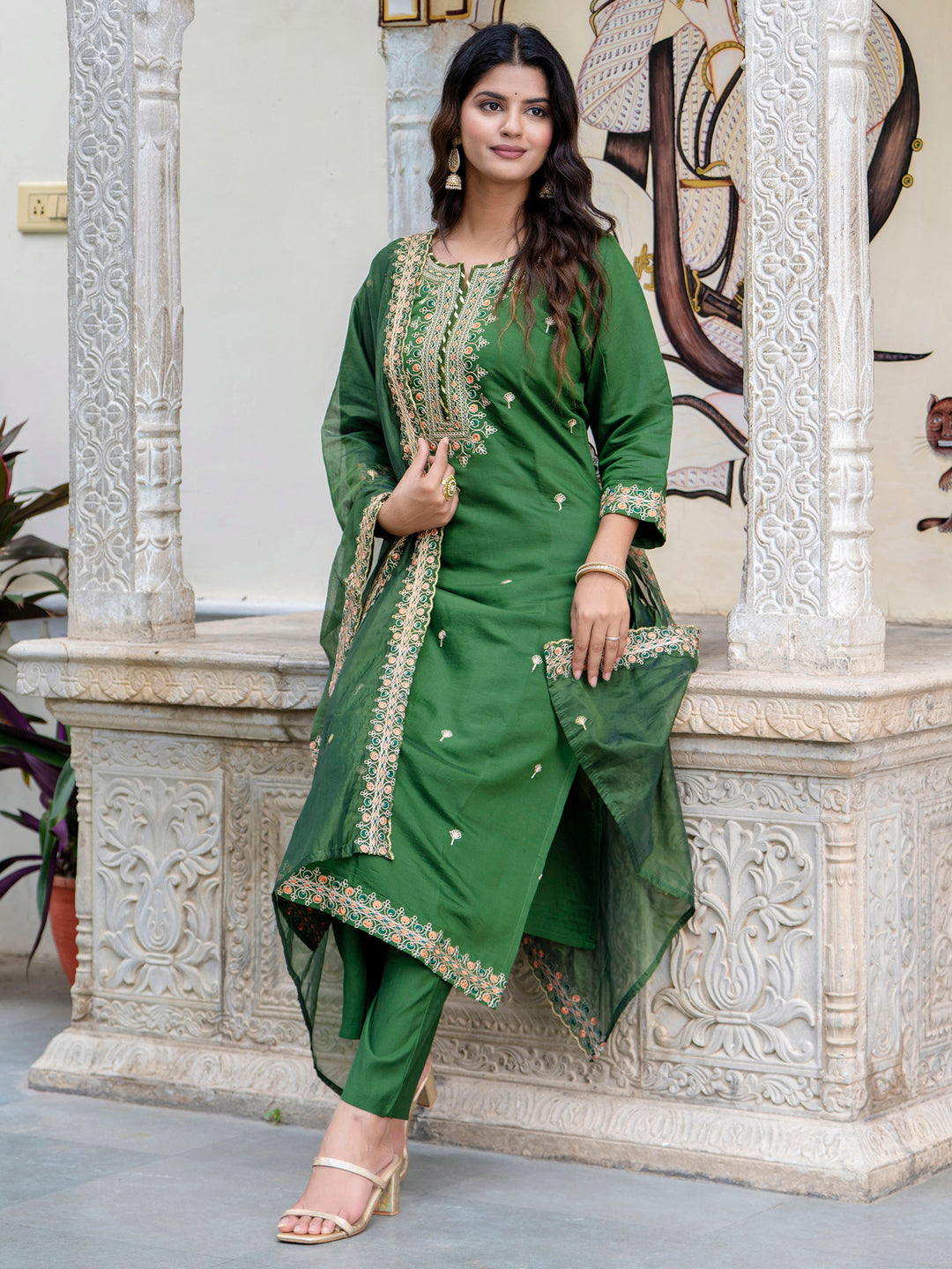 Women's Embroidered Silk Blend Calf Length Straight Kurta Trouser with Dupatta Set - FitVibe Fashion