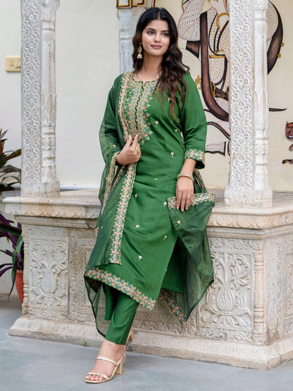 Women's Embroidered Silk Blend Calf Length Straight Kurta Trouser with Dupatta Set - FitVibe Fashion