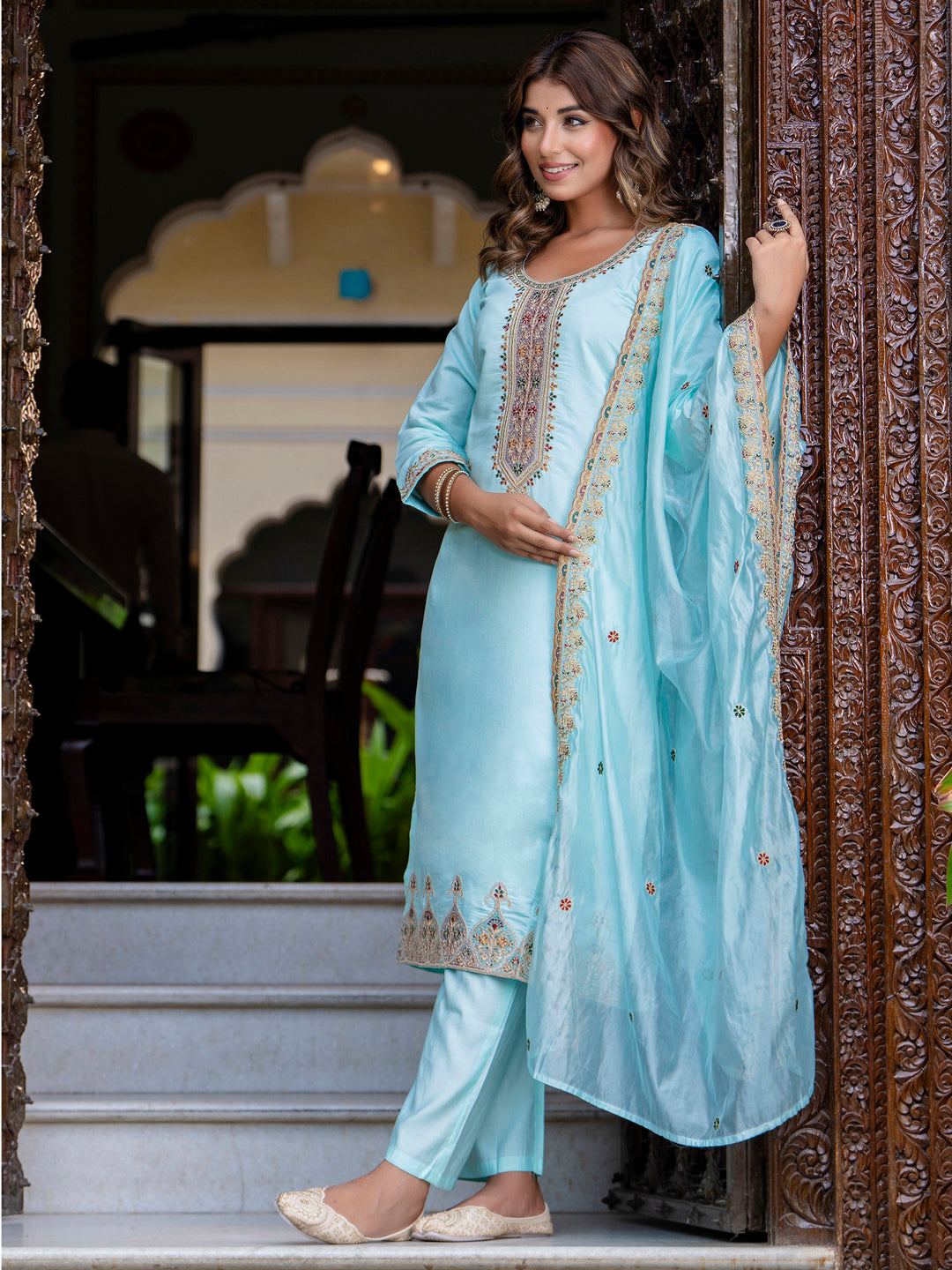 Women's Embroidered Silk Blend Calf Length Straight Kurta Trouser with Dupatta Set - FitVibe Fashion