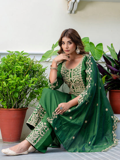 Women's Embroidered Silk Blend Calf Length Straight Kurta with Palazzo & Dupatta Set - FitVibe Fashion