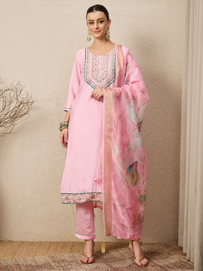 Rachna Pink Embroidered Straight Suit Set - FitVibe Fashion