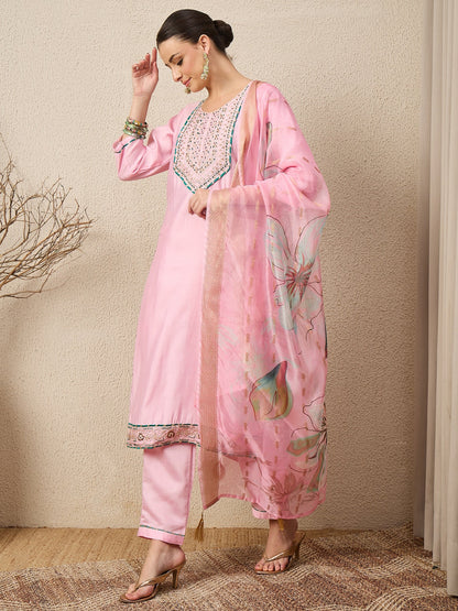 Rachna Pink Embroidered Straight Suit Set - FitVibe Fashion