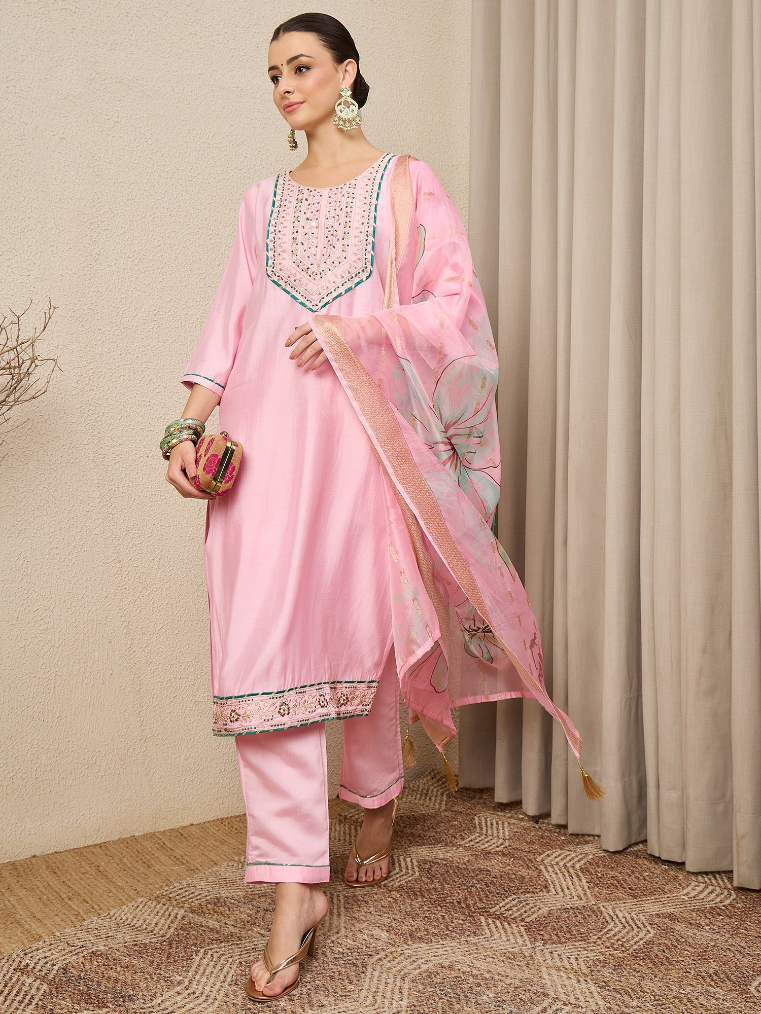 Rachna Pink Embroidered Straight Suit Set - FitVibe Fashion