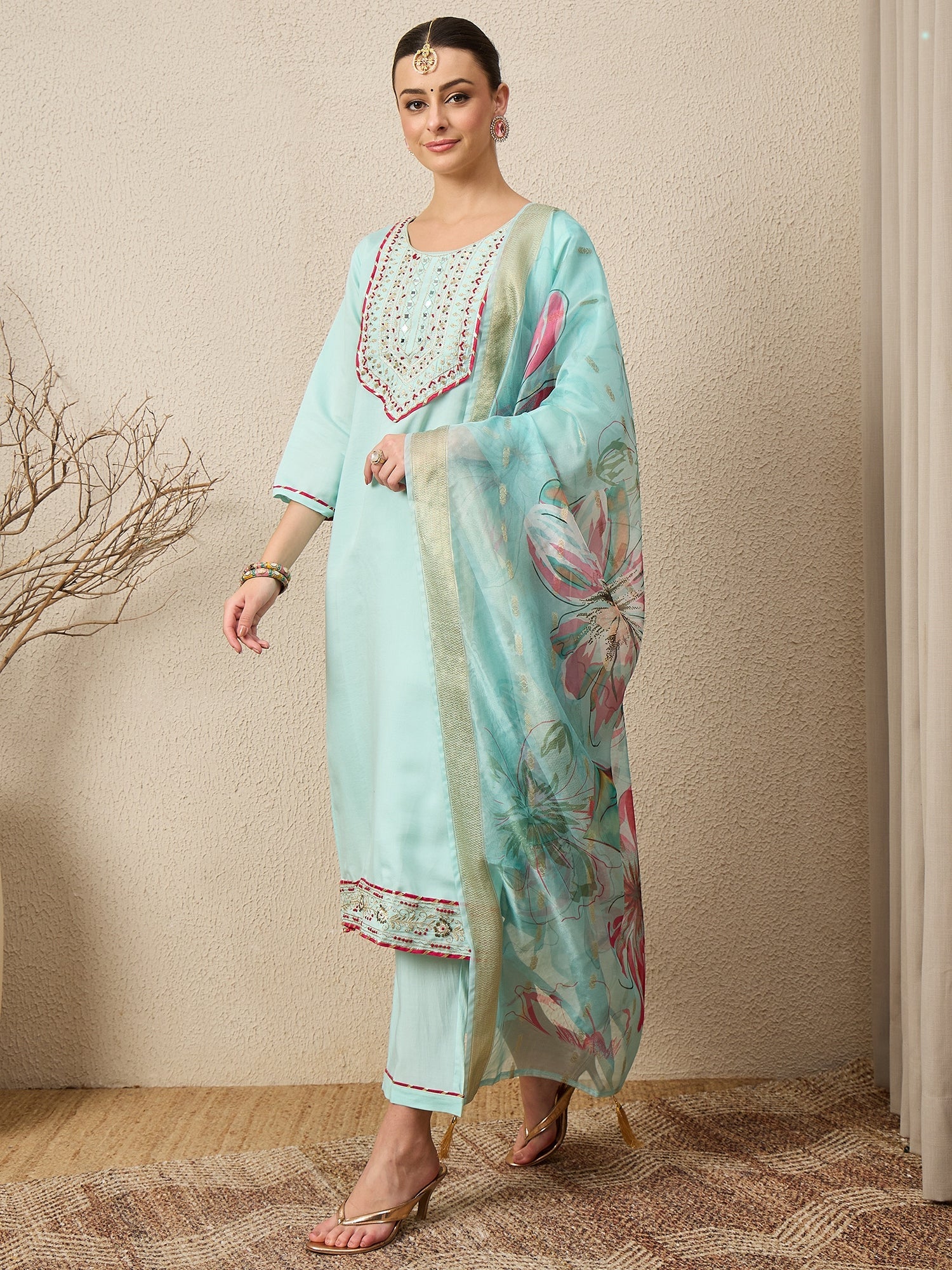 Roshni Sea-green Embroidered Straight Suit Set - FitVibe Fashion