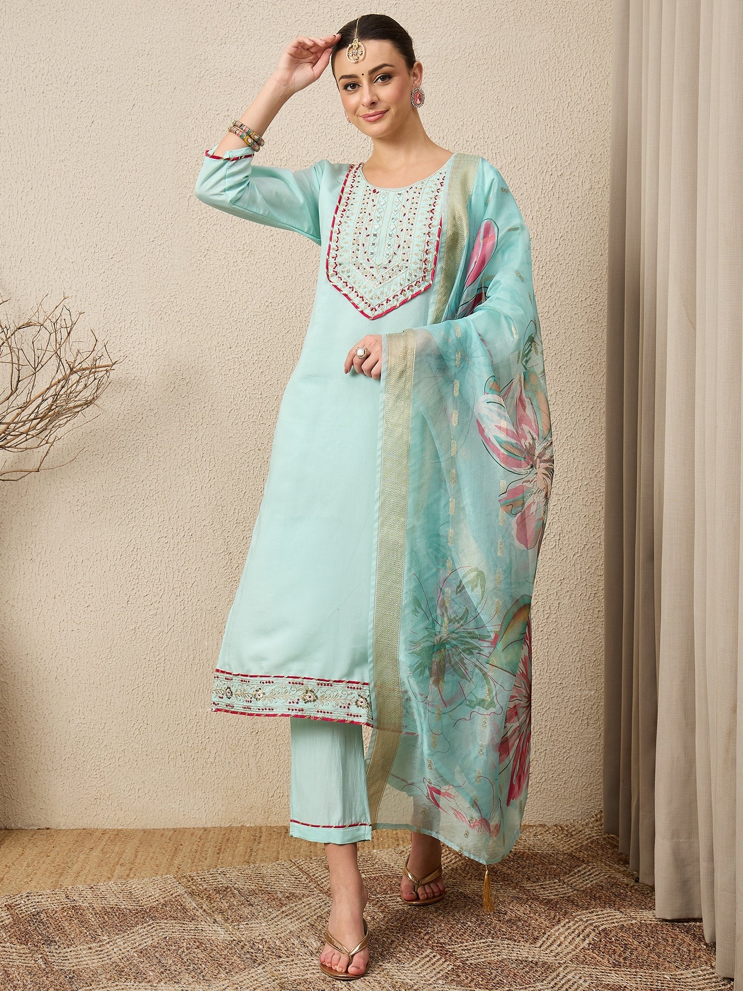 Roshni Sea-green Embroidered Straight Suit Set - FitVibe Fashion