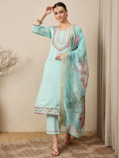 Roshni Sea-green Embroidered Straight Suit Set - FitVibe Fashion