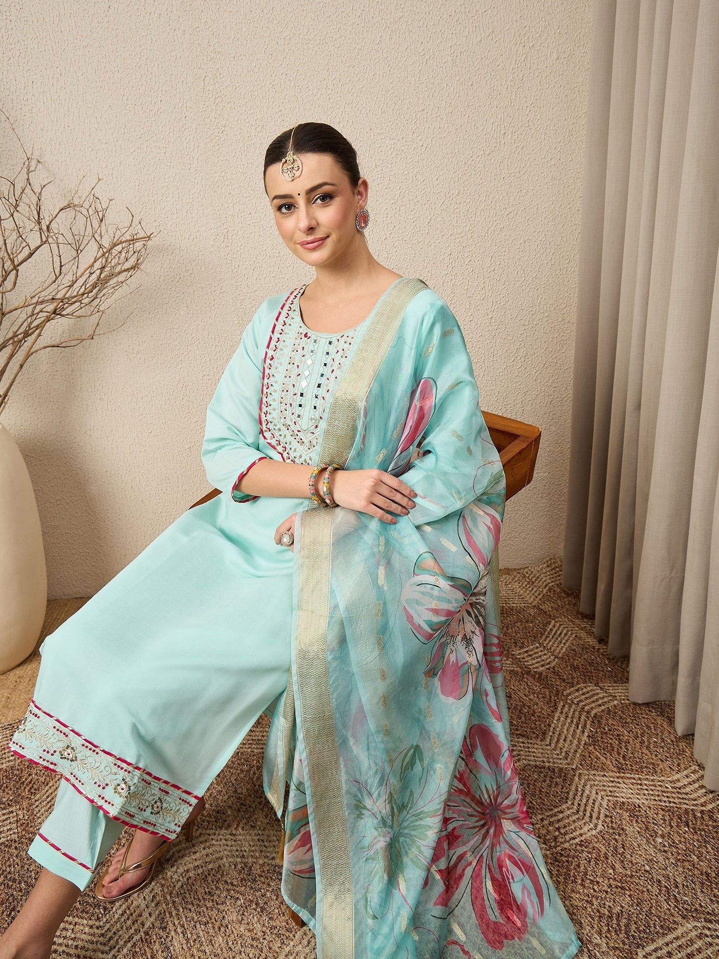 Roshni Sea-green Embroidered Straight Suit Set - FitVibe Fashion