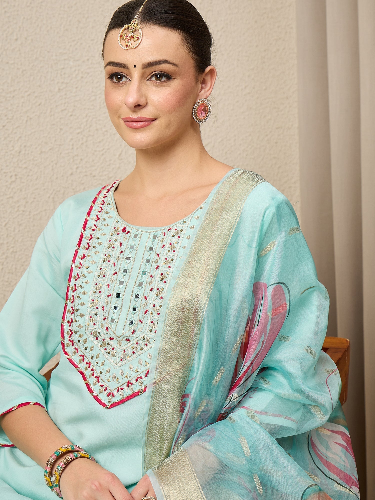 Roshni Sea-green Embroidered Straight Suit Set - FitVibe Fashion