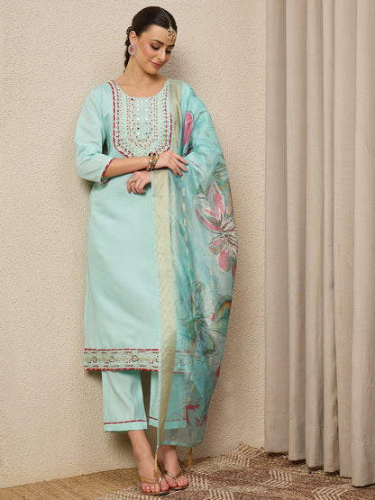 Roshni Sea-green Embroidered Straight Suit Set - FitVibe Fashion