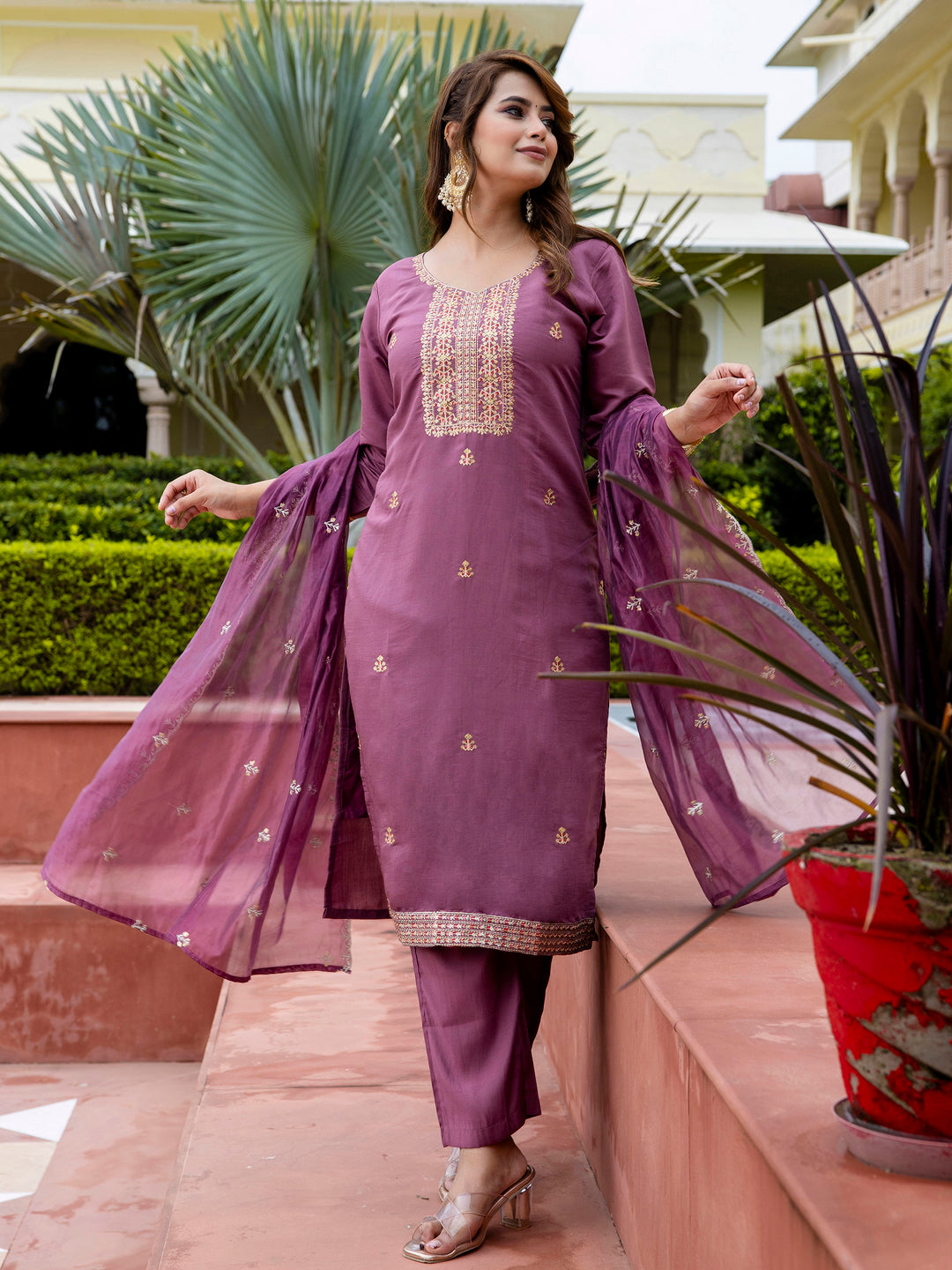 Women's Embroidered Silk Blend Calf Length Straight Kurta with Palazzo & Dupatta Set - FitVibe Fashion