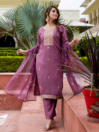 Women's Embroidered Silk Blend Calf Length Straight Kurta with Palazzo & Dupatta Set - FitVibe Fashion