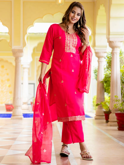 Women's Embroidered Silk Blend Calf Length Straight Kurta with Palazzo & Dupatta Set - FitVibe Fashion