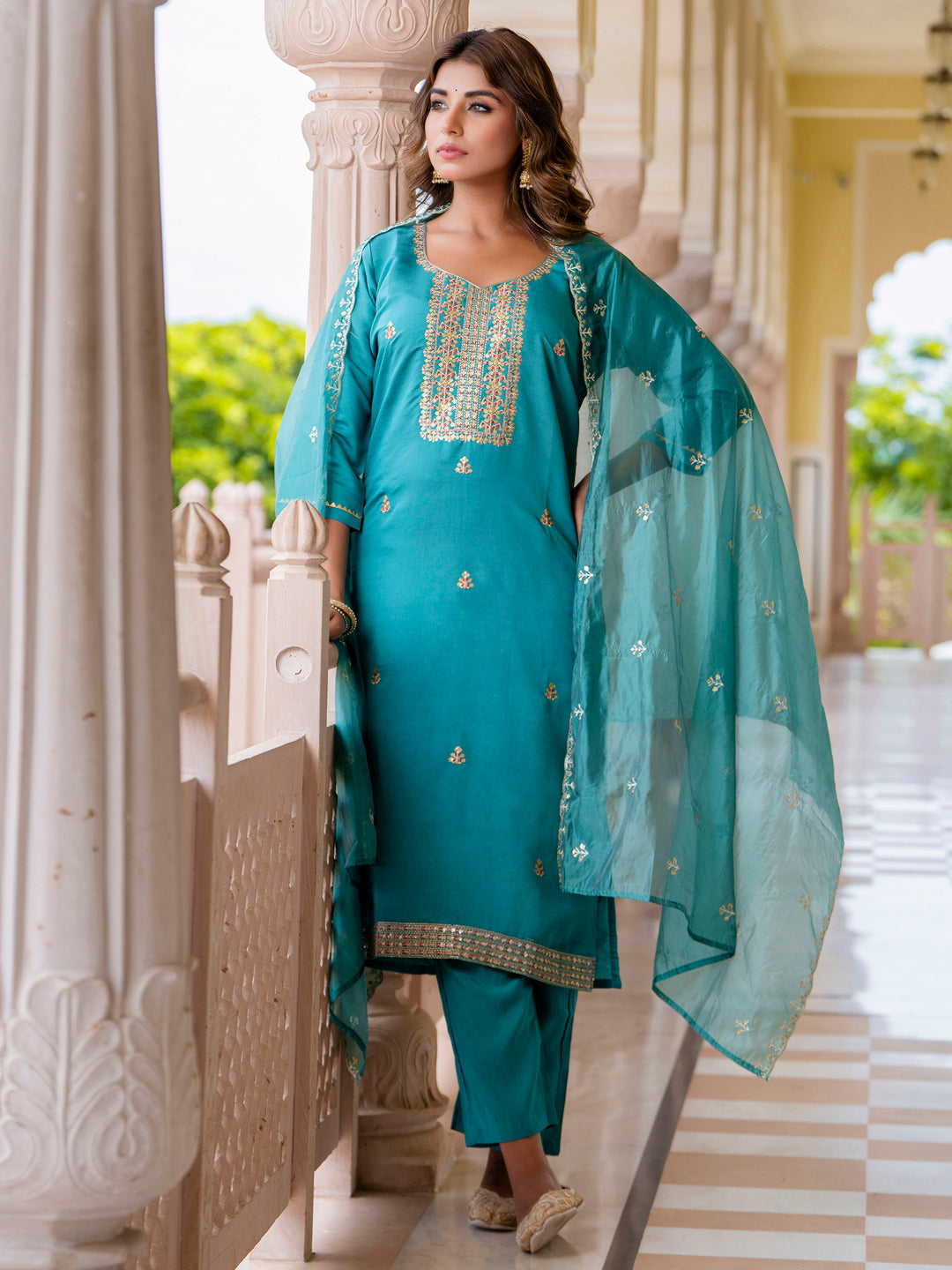 Women's Embroidered Silk Blend Calf Length Straight Kurta with Palazzo & Dupatta Set - FitVibe Fashion