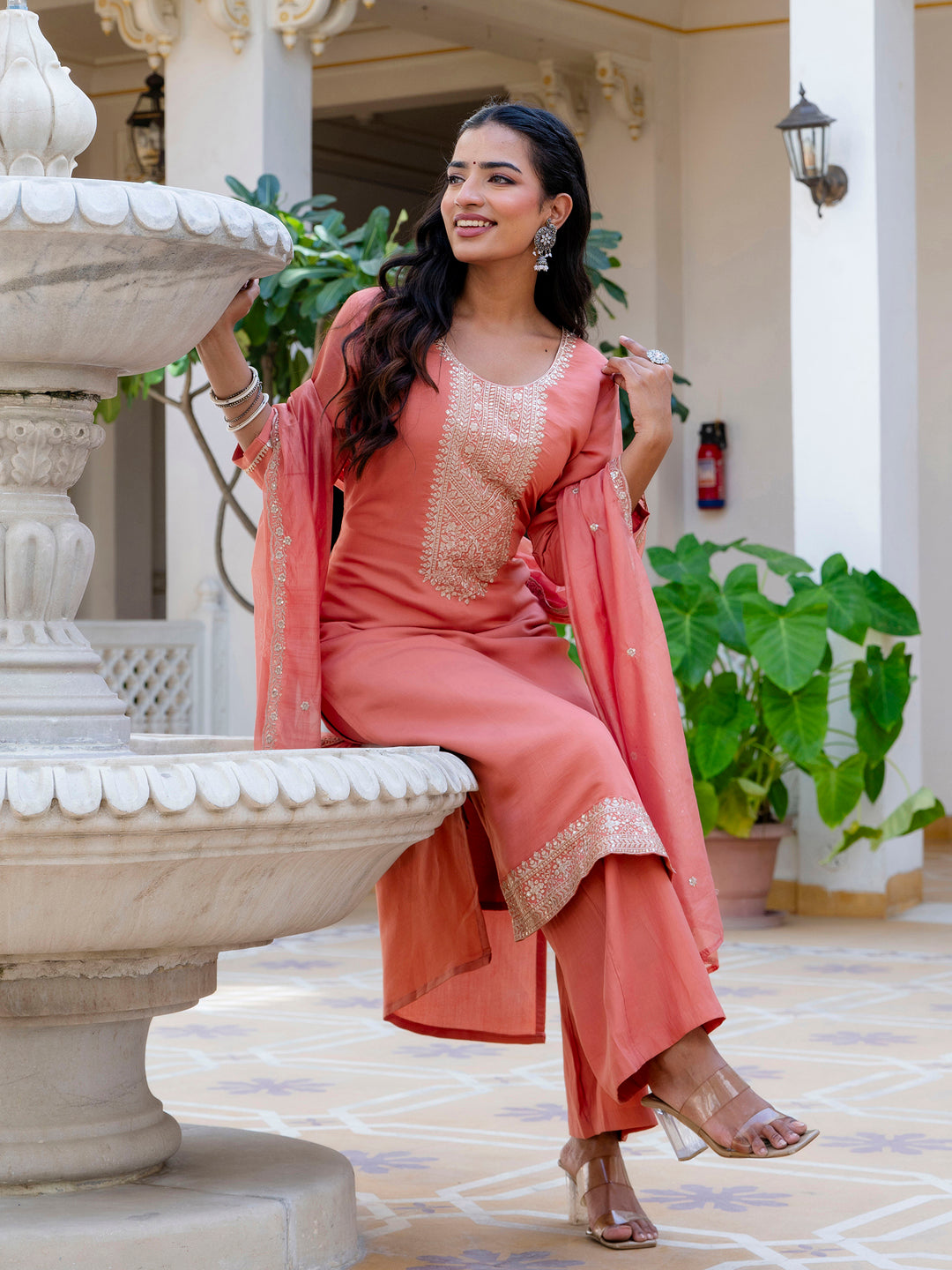 Women's Embroidered Silk Blend Calf Length Straight Kurta with Palazzo & Dupatta Set - FitVibe Fashion