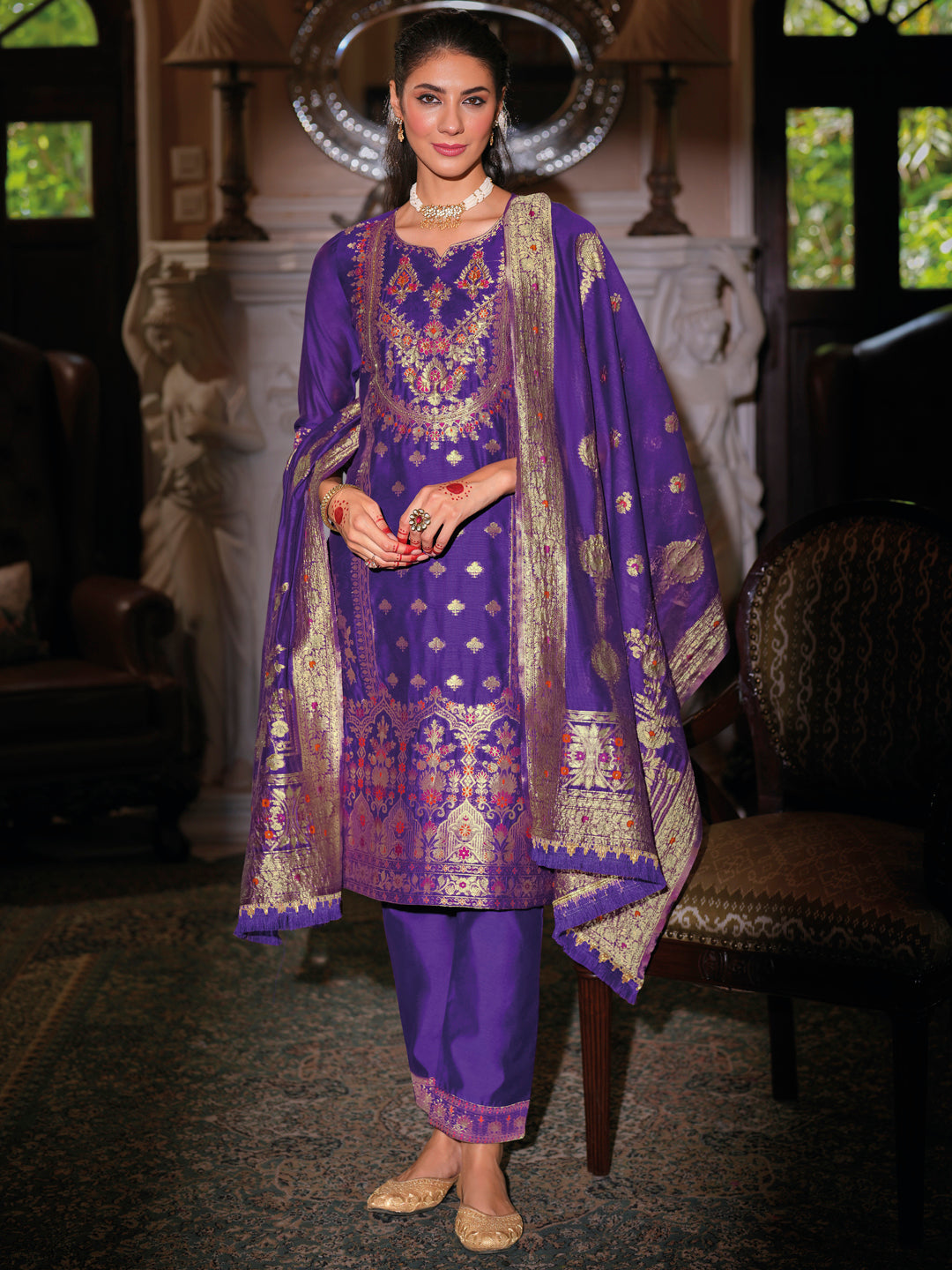 Women Silk Blend Kurta Pant Dupatta Set - FitVibe Fashion