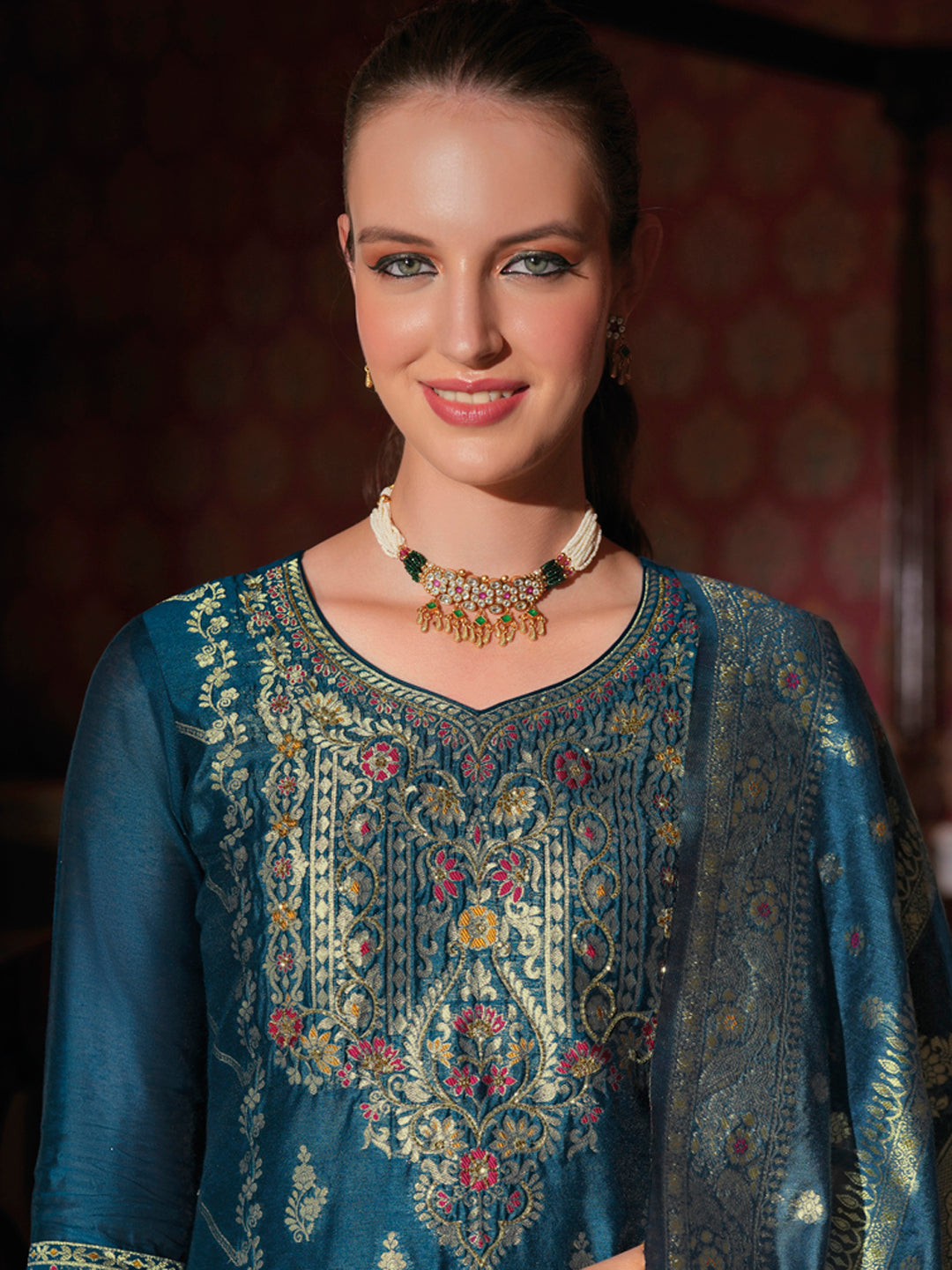 Women Silk Blend Kurta Pant Dupatta Set - FitVibe Fashion