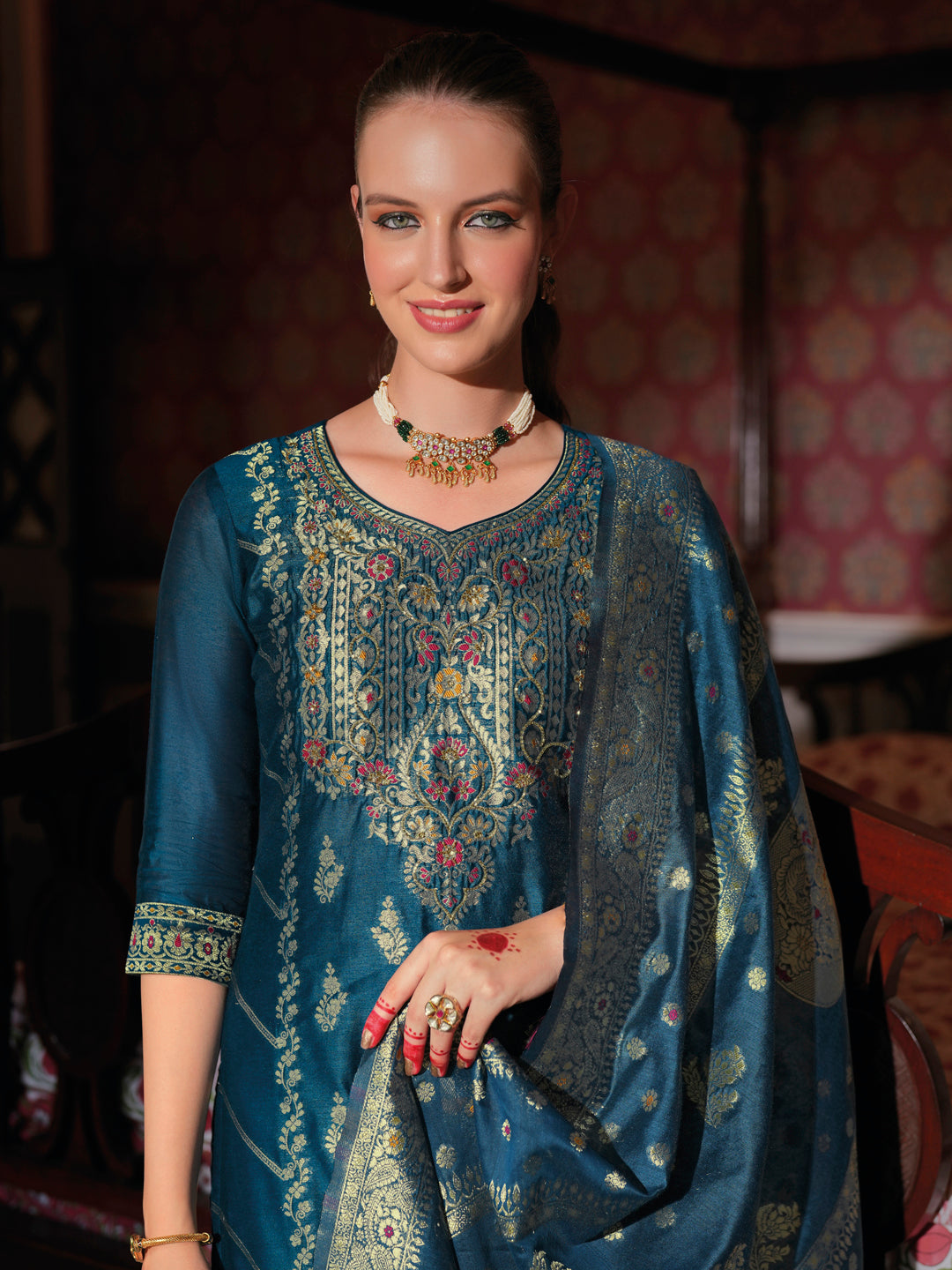 Women Silk Blend Kurta Pant Dupatta Set - FitVibe Fashion