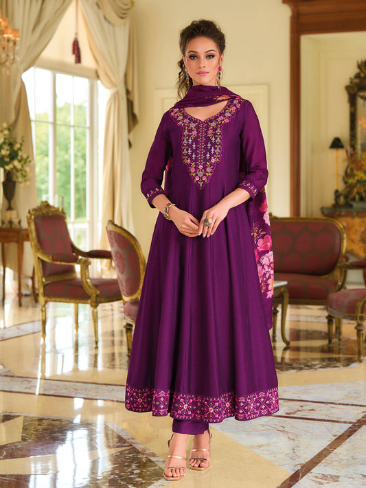 English Garden Purple Embroidered Anarkali Pant Set - FitVibe Fashion