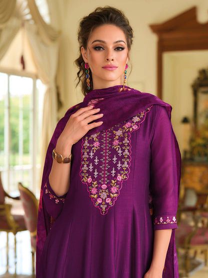 English Garden Purple Embroidered Anarkali Pant Set - FitVibe Fashion