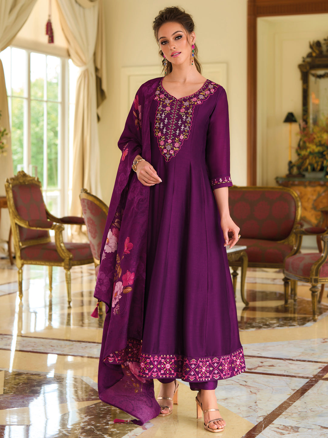 English Garden Purple Embroidered Anarkali Pant Set - FitVibe Fashion