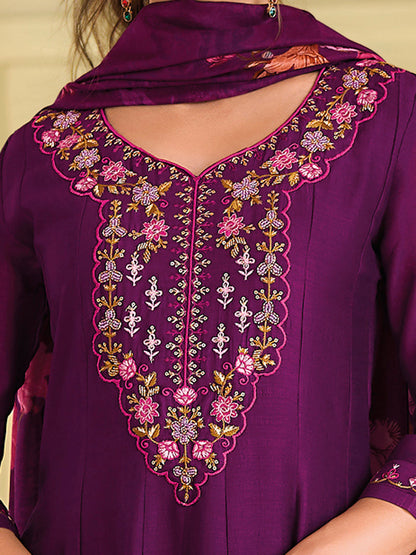 English Garden Purple Embroidered Anarkali Pant Set - FitVibe Fashion
