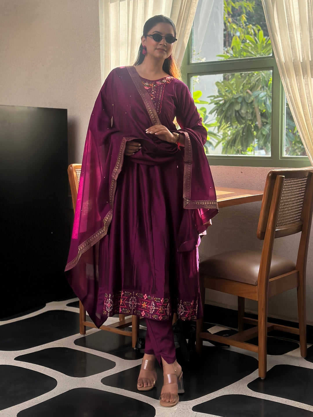 Balan Purple Embroidered Silk Blend Anarkali Suit Set With Dupatta - FitVibe Fashion