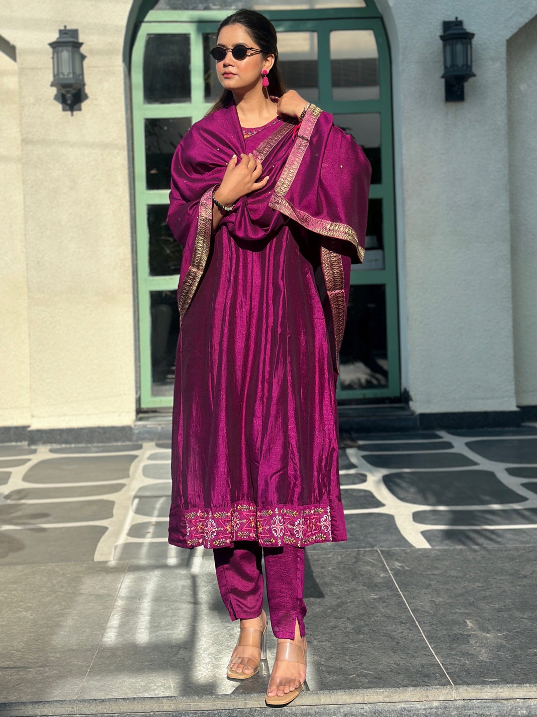 Balan Purple Embroidered Silk Blend Anarkali Suit Set With Dupatta - FitVibe Fashion