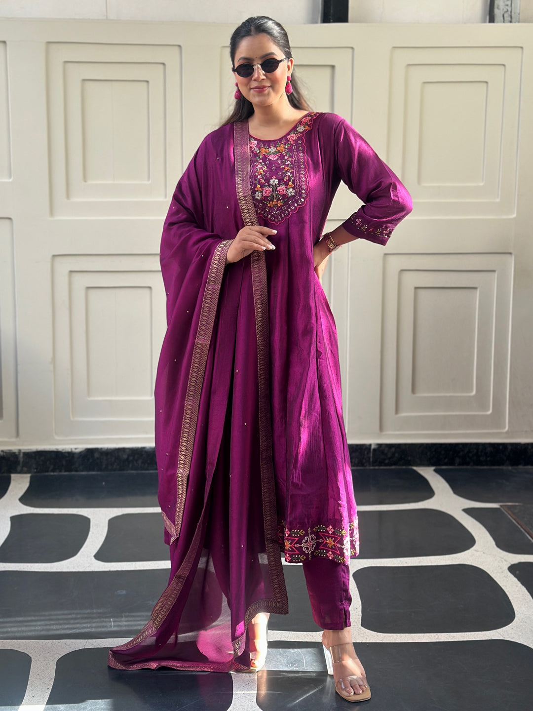 Balan Purple Embroidered Silk Blend Anarkali Suit Set With Dupatta - FitVibe Fashion