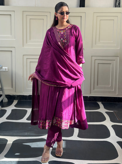 Balan Purple Embroidered Silk Blend Anarkali Suit Set With Dupatta - FitVibe Fashion