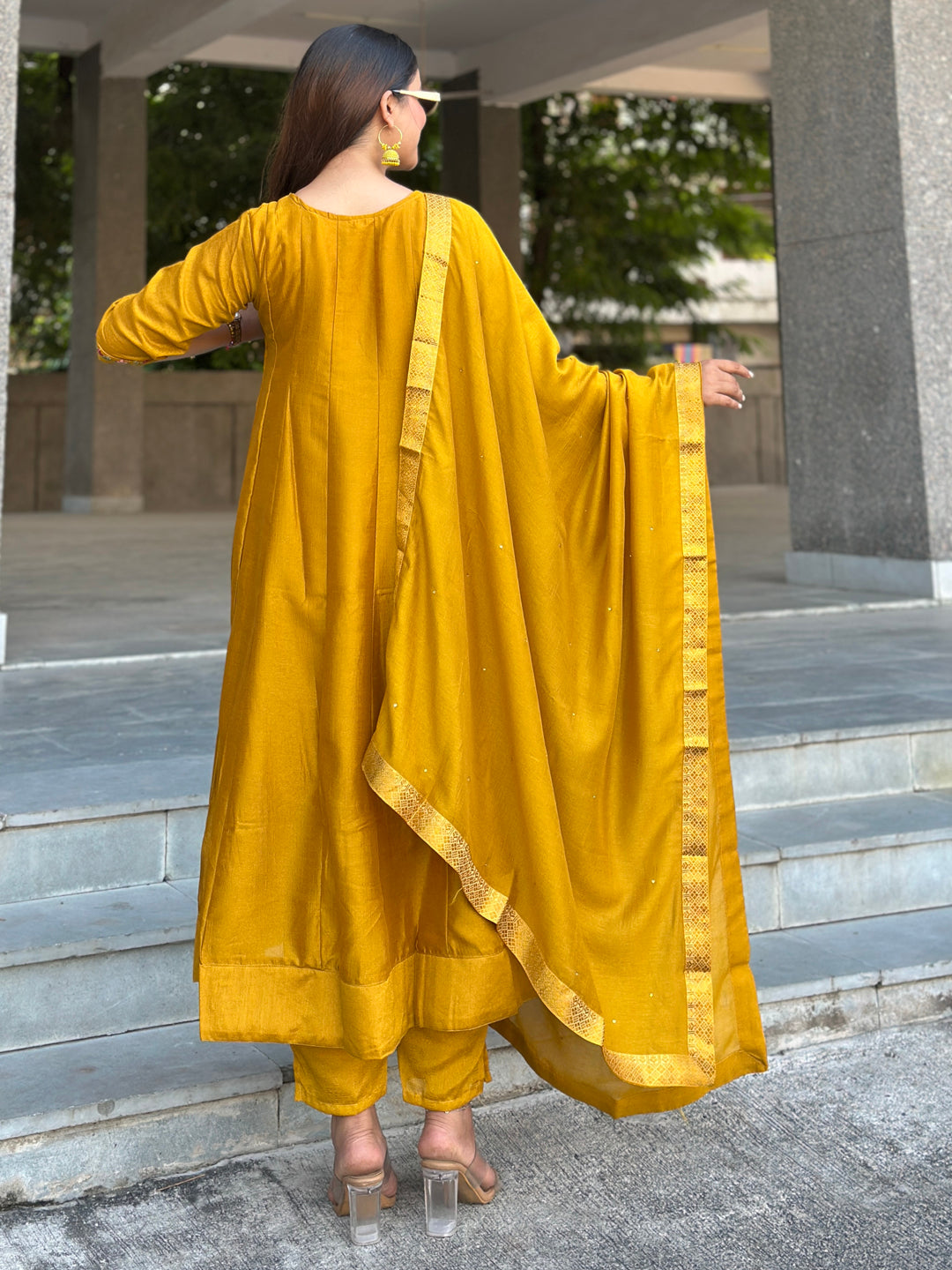 Balan Yellow Embroidered Silk Blend Anarkali Suit Set With Dupatta - FitVibe Fashion