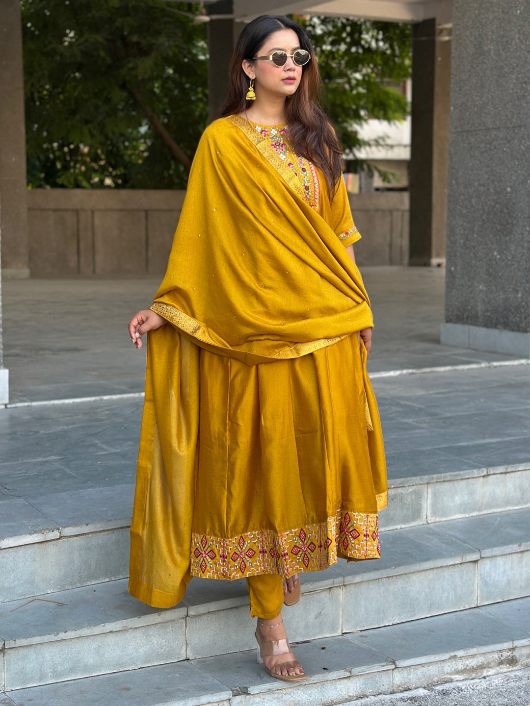 Balan Yellow Embroidered Silk Blend Anarkali Suit Set With Dupatta - FitVibe Fashion