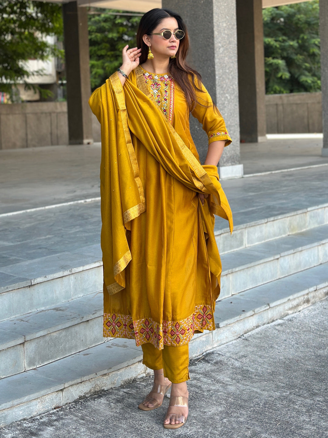Balan Yellow Embroidered Silk Blend Anarkali Suit Set With Dupatta - FitVibe Fashion